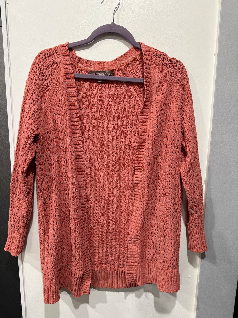 Open-Front Crochet Cardigan Sweater in Coral